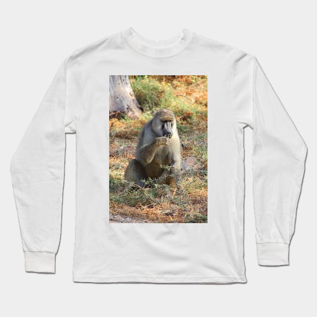 Yellow Baboon Eating Long Sleeve T-Shirt by Carole-Anne